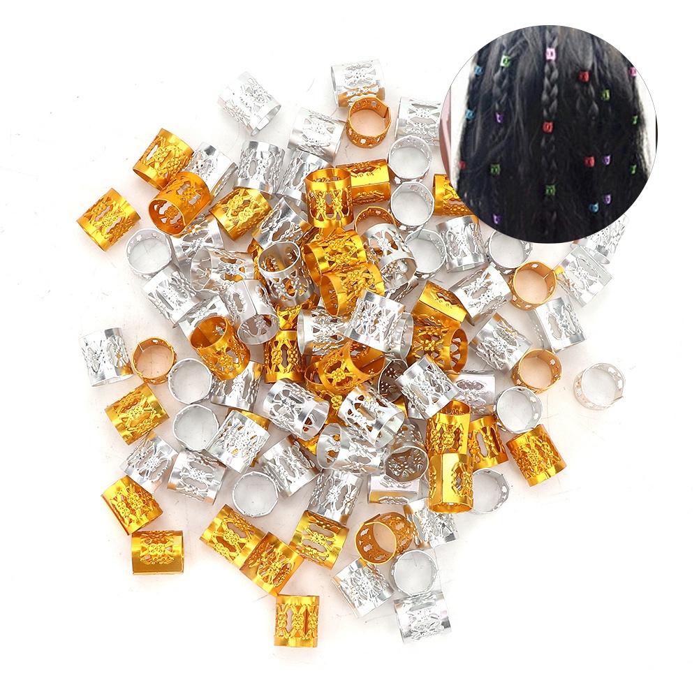 100Pcs Adjustable Dreadlocks Hair Braid Beads Cuffs Hair Decoration Wig Accessories Gold+Silver