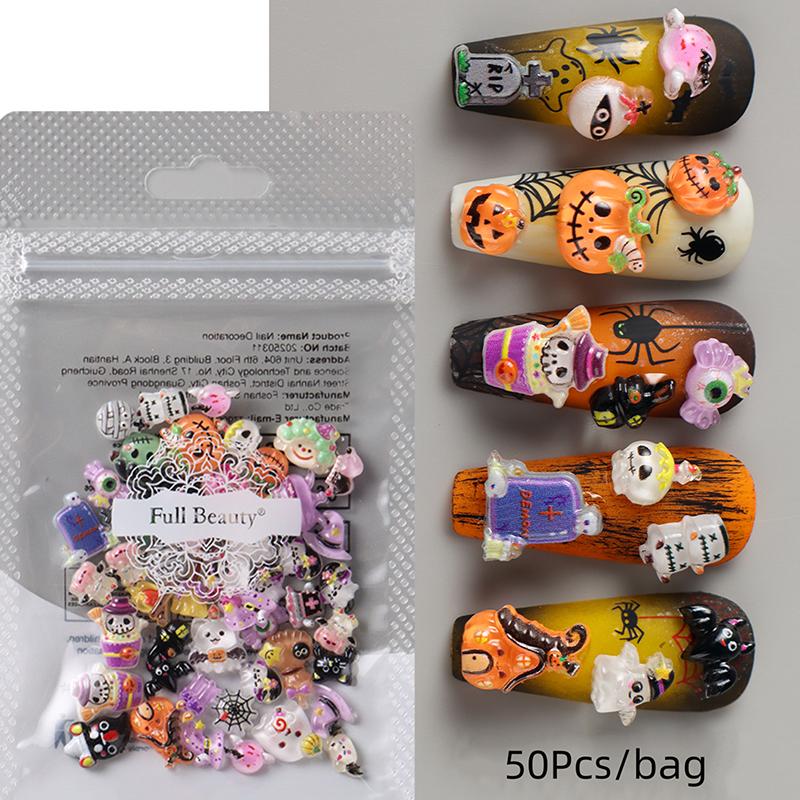 50/100Pcs Kawaii Halloween Nail Charms Cartoon Pumpkin Ghost Cat Mixed Sized Resin Ornaments Cute Spider Web Bat Nail Decor