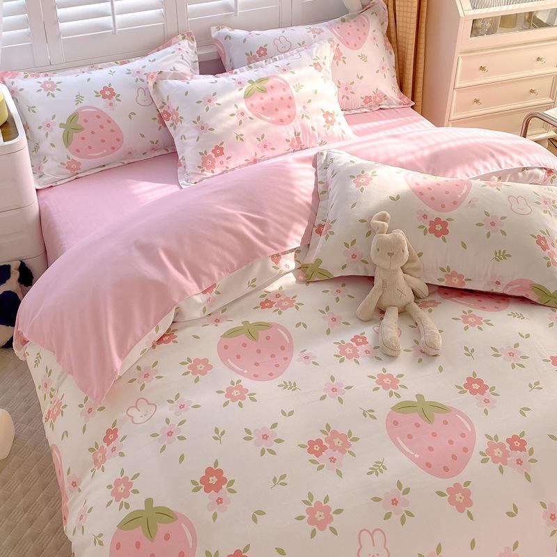 INS Double-sided Availability Pink Blue Cute Cat And Rabbit Bedding Set Duvet Cover Sheets With Pillowcases Full Size Bedroom