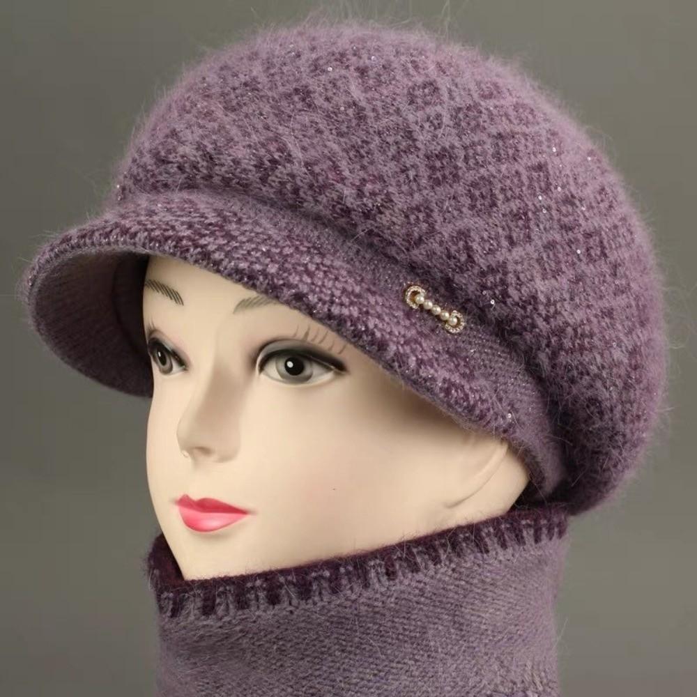 Short Brim Design Winter Brimmed Hat Fleece Lined Beanie Senior Women Daily Wear