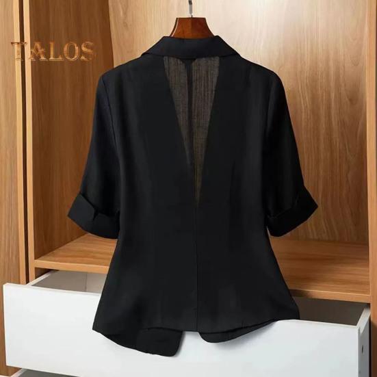Damen Blazer mit Revers und Knopfleiste, einfarbig, lässig, lockerer Mantel, Dreiviertelärmel, dünnes Sommeranzugoberteil für das Pendeln im Büro