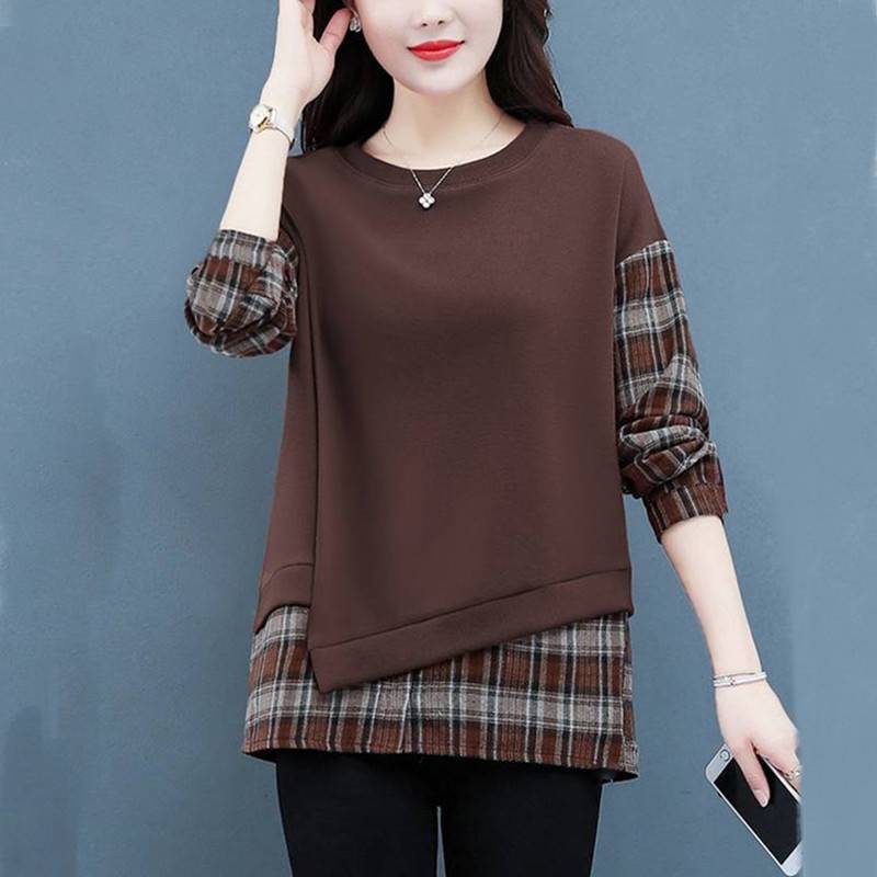 women's Plaid Patchwork Fake Two Piece Sweatshirt Round Neck Long Sleeve Loose Casual Autumn Basic Top