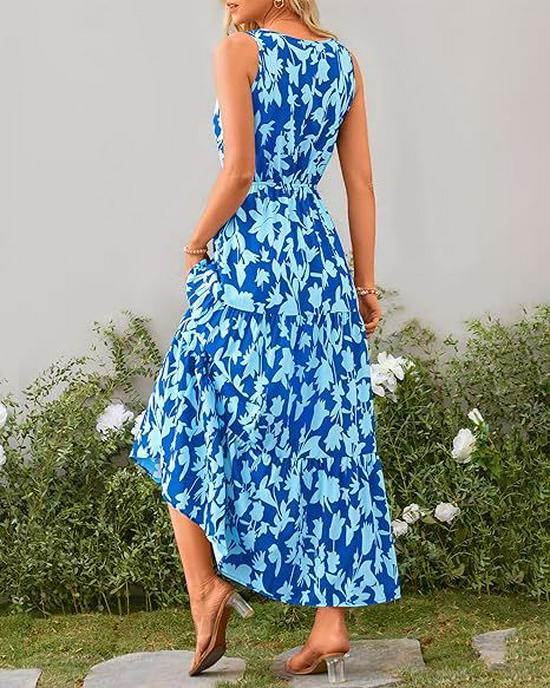 Elastic Waist Sleeveless V-Neck Print Dress - 2025 European & American Women's Fashion Bestseller