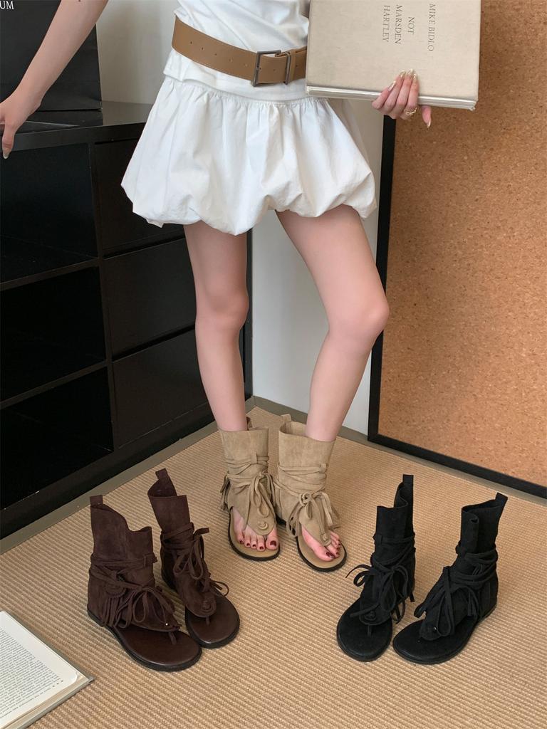 Inner height-increasing cool boots New open-toed niche western boots straps Roman herringbone toe summer sandals women