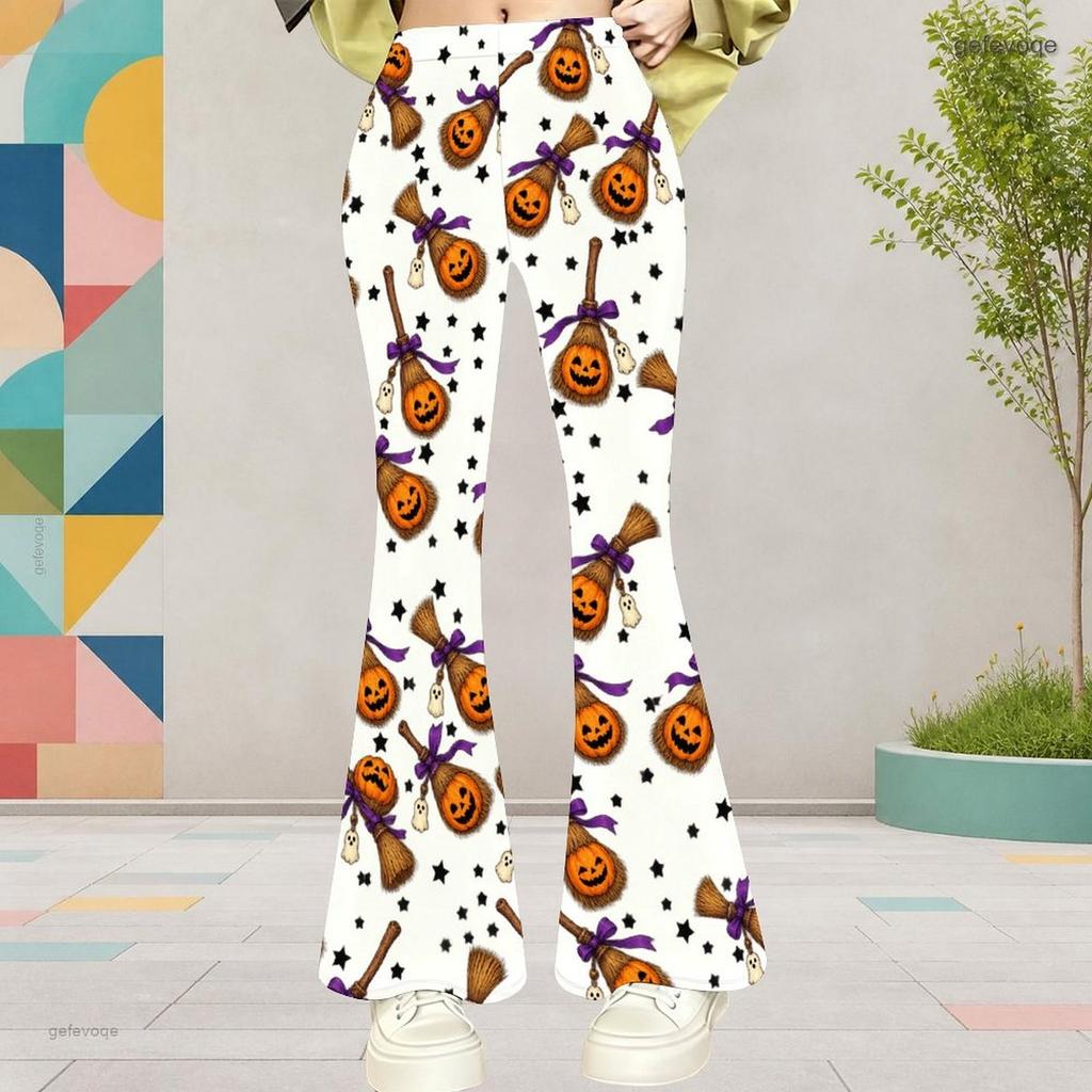 Girls Cartoon Potted Carnivorous Plant Print White High Waist Flare Pants