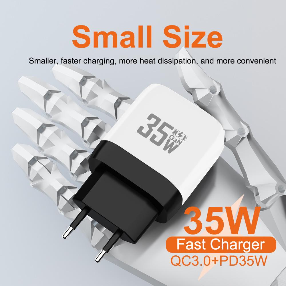 35W GaN Fast Charger with QC 3.0 & PD, Compatible with European & American Standards (9V/12V)
