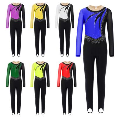 Macacão de Performance para Meninas Design Color Block Patchwork de Malha Manga Longa Decote Gota Costas Strass Roupa de Dança