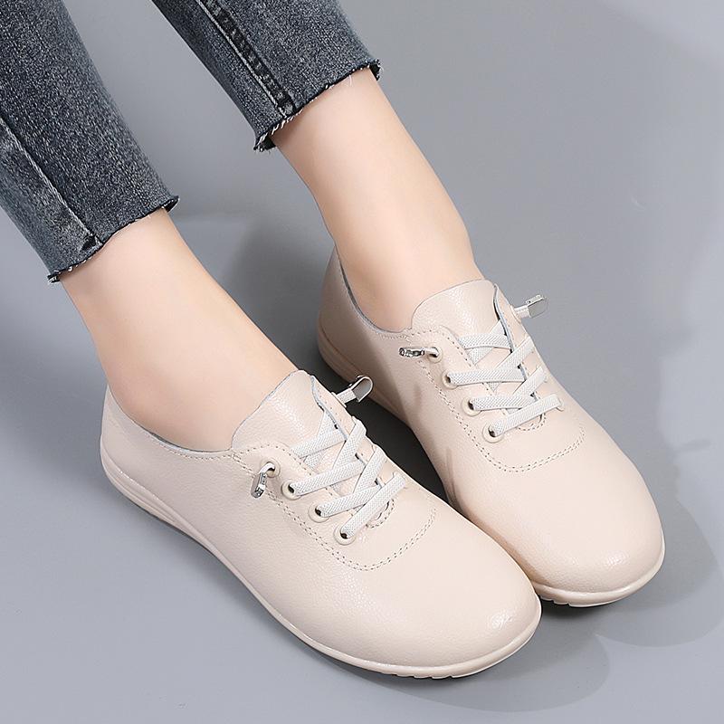 2025 Spring Women's Genuine Leather White Slip-on Sneakers - Soft Sole Casual Flats