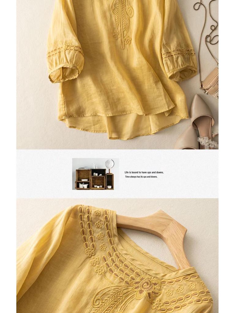 Cămașă de damă de înaltă calitate, mărime plus, in-bumbac, mânecă scurtă - Vară 2025, stil chinezesc