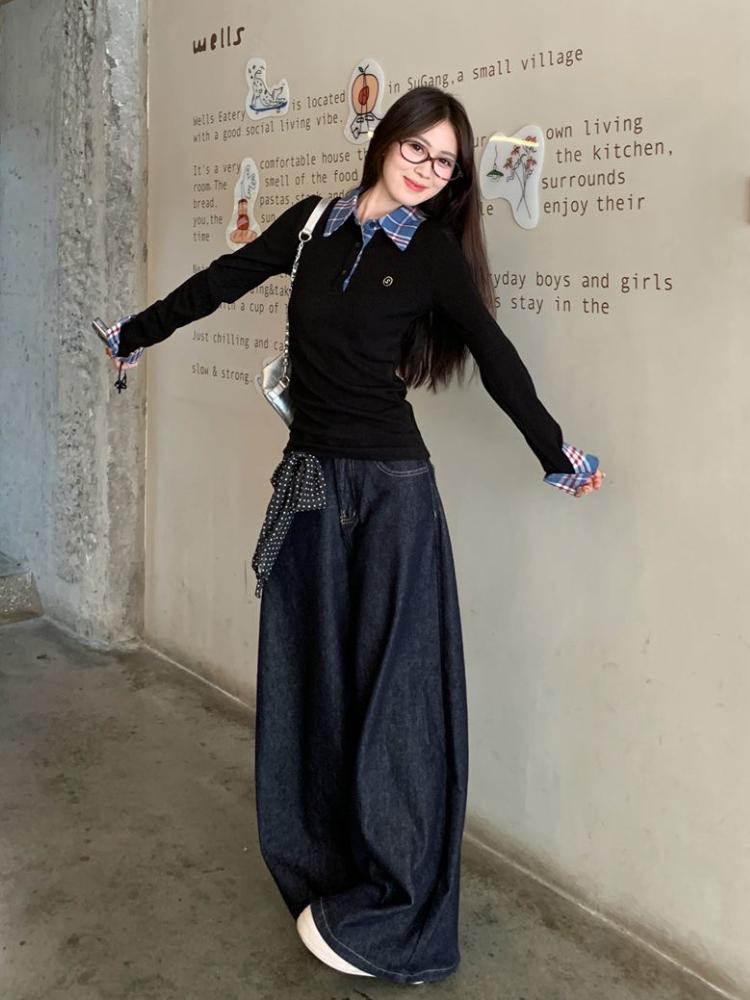 Harajuku Autumn Fake Two Pieces Shirt Women Polo Collar Elegant Long Sleeved Slim Tops Korea Chic Plaid Casual T-shirt Winter