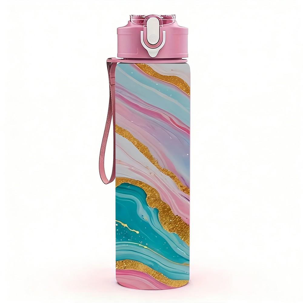 1PC Pink Blue Geode Marble Pattern 750ml Color Plastic Sports Water Bottle Leakproof Flip Straw Lid Suitable for Sports Office Home Use