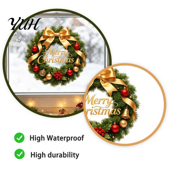 Festive Garland Decorations Christmas Wreath Window Stickers, Retro Santa Claus PVC Decals, Waterproof Decorative Seasonal Storefront Display