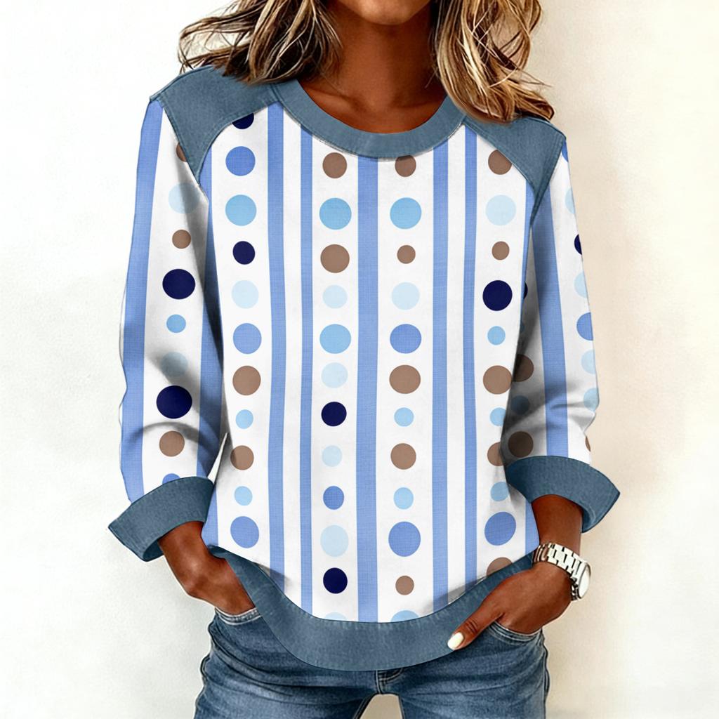 Dames sweatshirt met denim kraag en patchworkstiksels, casual trui met lange mouwen.