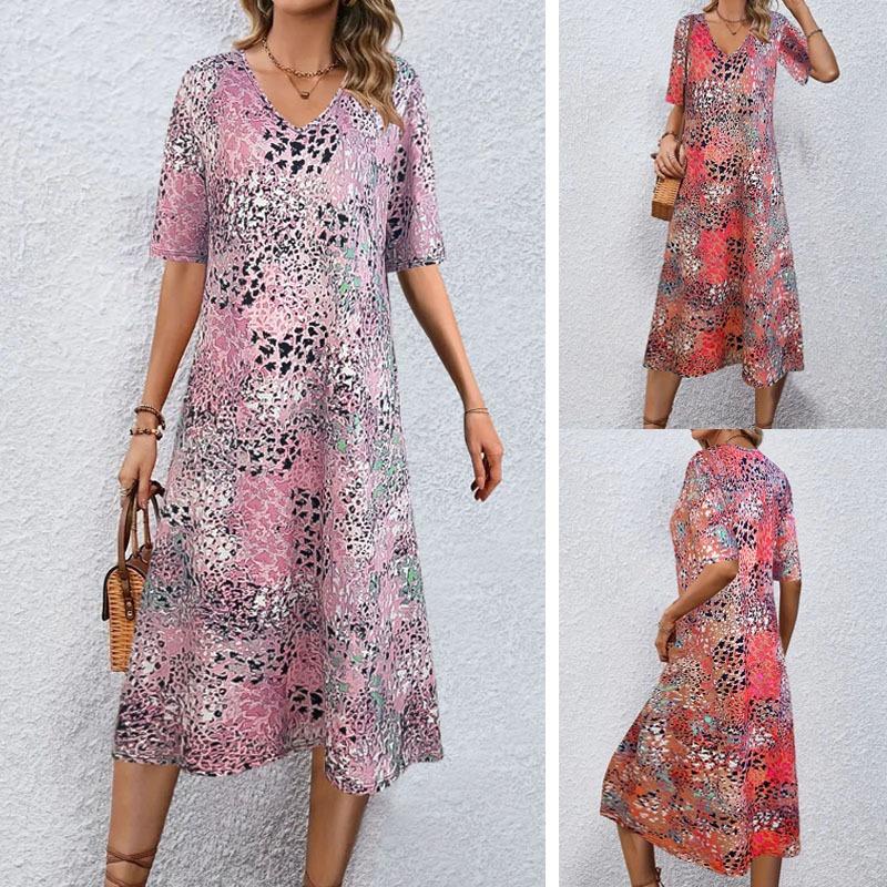 Women's Floral Print Dress Spring/Summer V-neck Short-sleeved Paraded Long Dress