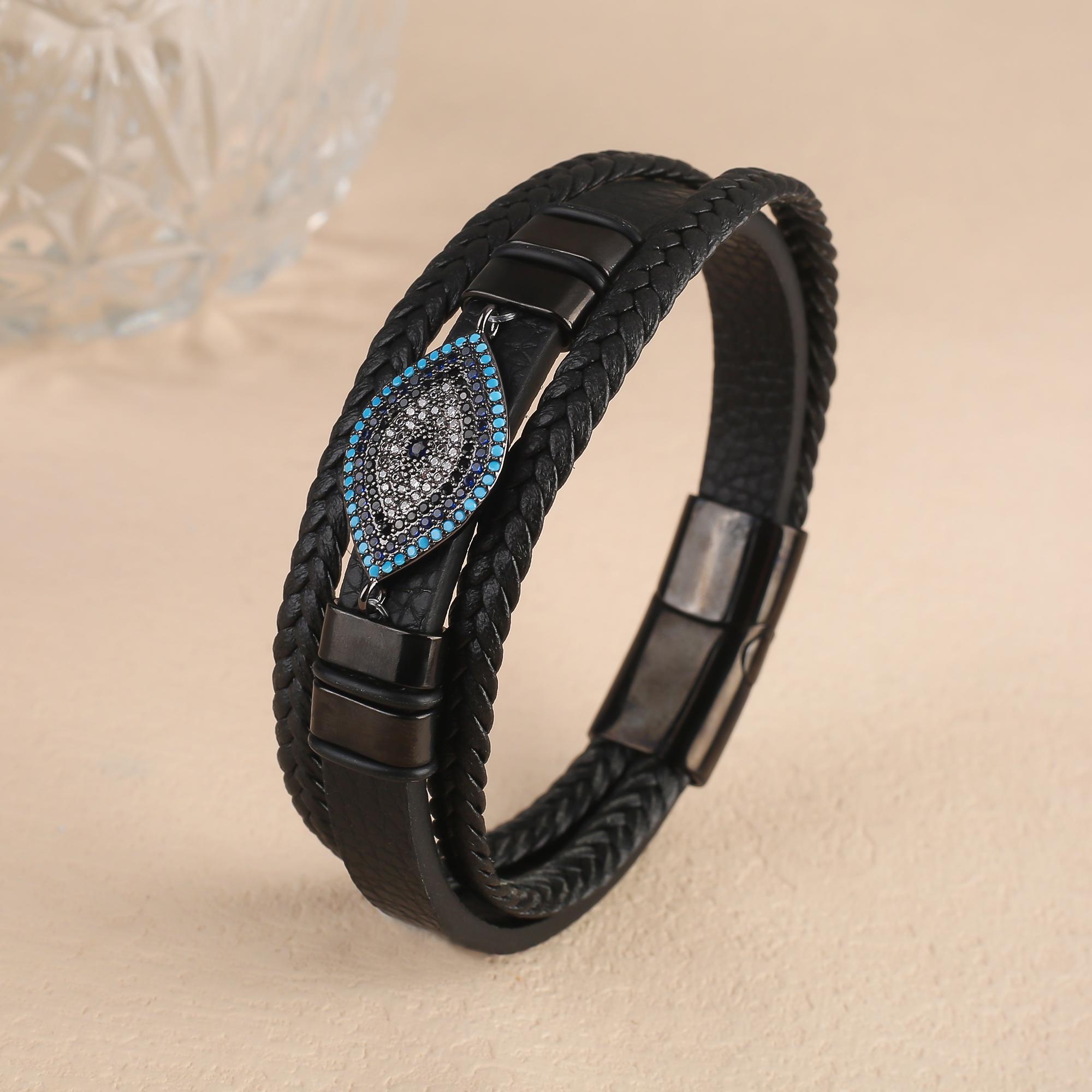 

Luxury Shiny Zirconia Evil Eye Leather Braided Bracelet Classic for Man Woman Party Stainless Steel Zircon Ward Off Evil Gift. 25cm чорний