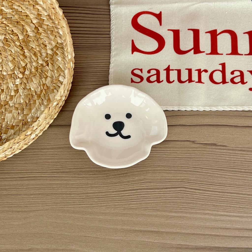 Adorable Ceramic Sauce Dish with Cute Dog & Bear Design - Single/Double Compartment Dip Bowl for Condiments, Snacks, Sushi, Soy