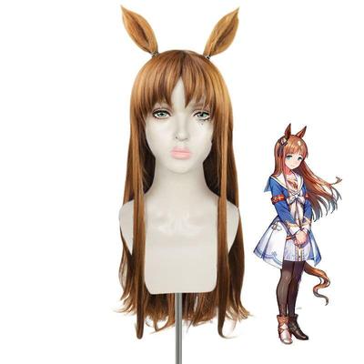 Peluca de Cosplay Anime Uma Musume Pretty Derby Grass Wonder Larga 75cm Marrón con Orejas Cabello Sintético Fiesta Halloween carnaval