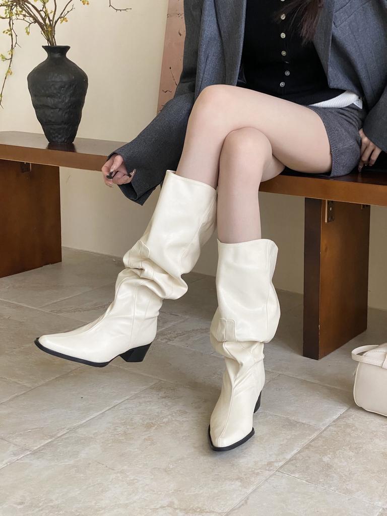 Thick heel pleated stack long tube knight boots women's shoes 2025 European and American autumn and winter new western stack medium tube long boots