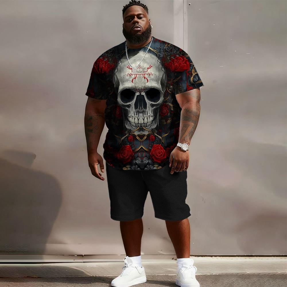 Men's Suit - Skull Colorblock Short-sleeved T-shirt and Shorts Two-piece Set