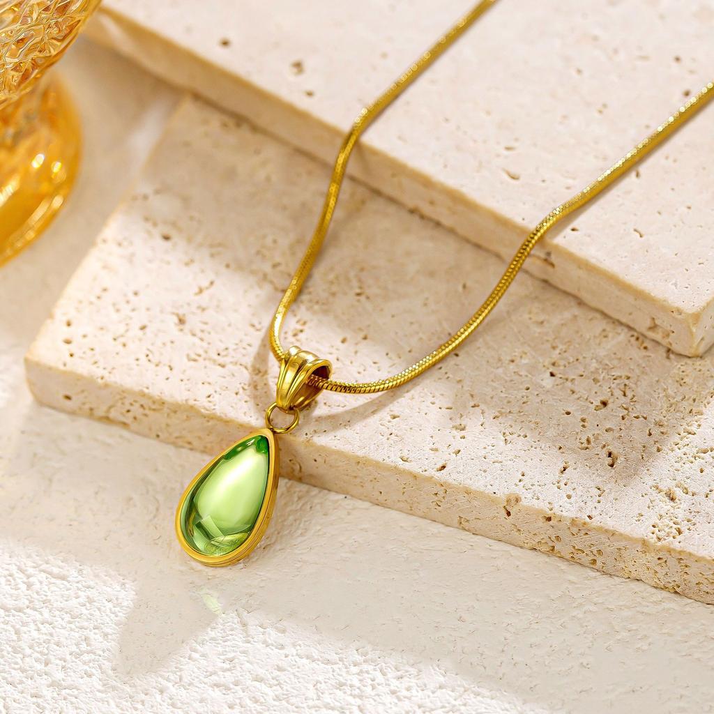 French Translucent Green Water Droplet Blue Ocean Necklace Collarbone Chain Snake Bone Fashionable Personality Titanium Steel Gold-plated Necklace
