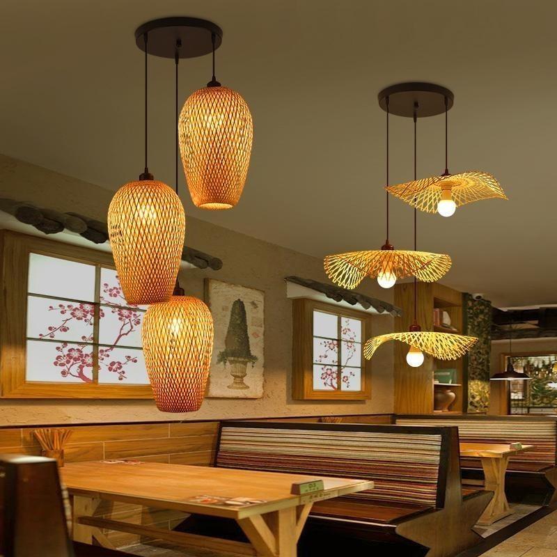 Bedroom Living Room Lantern Chandelier Stairs Retro Rattan Three-Head Hanging Light Bamboo Weaving Combination Creative Lamp