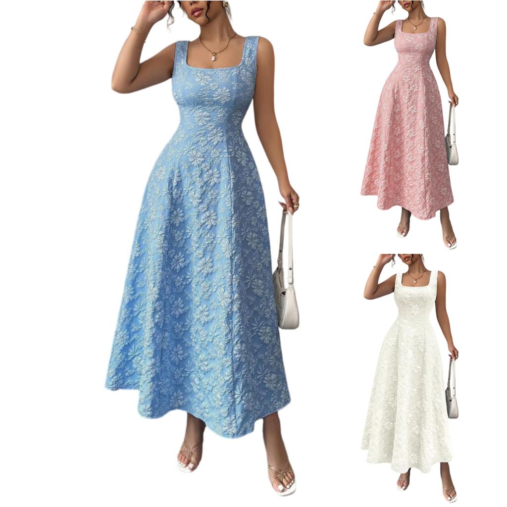 Women's Fashionable Color Square Neck Pullover, Fresh And Sweet Waist Cinched A-line Length Dress