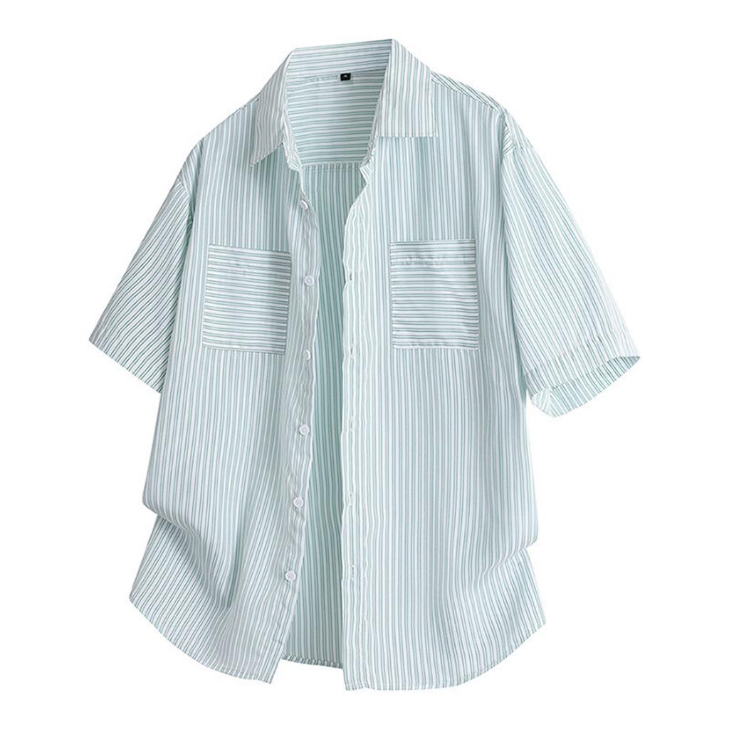 Men's Summer Short Sleeve Striped Shirt Casual Button Pocket Shirt Tops