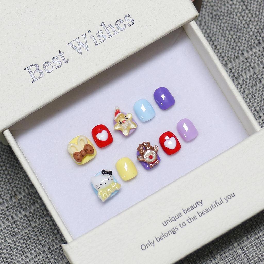 Kids Wearable Nails: Handmade Cute Cartoon Nail Art Stickers for Girls Ages 3-12 Fake Fingernails