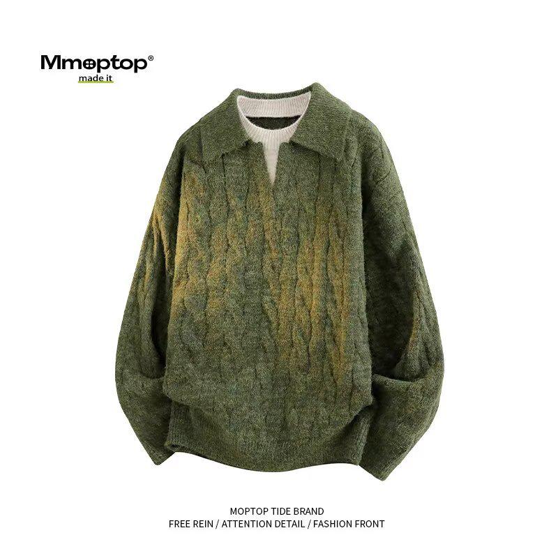 

2025 Autumn/Winter Men s Retro Solid Knitwear: Two-Piece Lapel Top 3XL зелений
