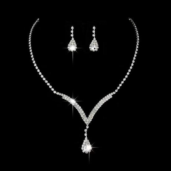 Yousheng 2Pcs/Set Conjunto de joias Design de gota d'água Colar de strass brilhante Conjunto de brincos pendurados Conjunto de colar e brincos brilhantes luxuosos