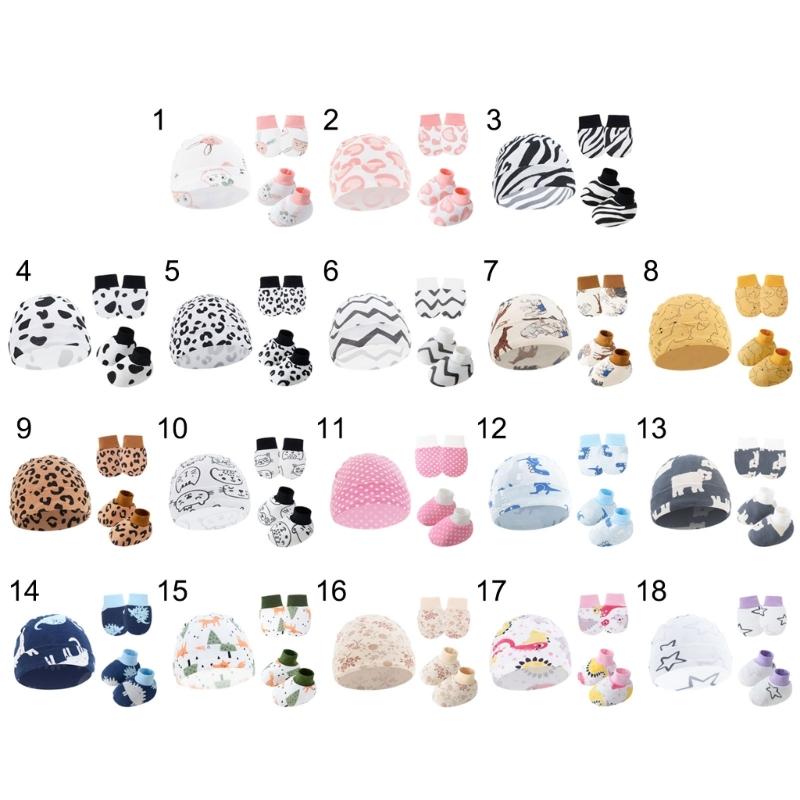 Set da 3 Pezzi Cappellino Guanti Calzini in Cotone per Neonato Anti Graffi Protezione Completa Manopole Copripiedi Accessori per Neonati