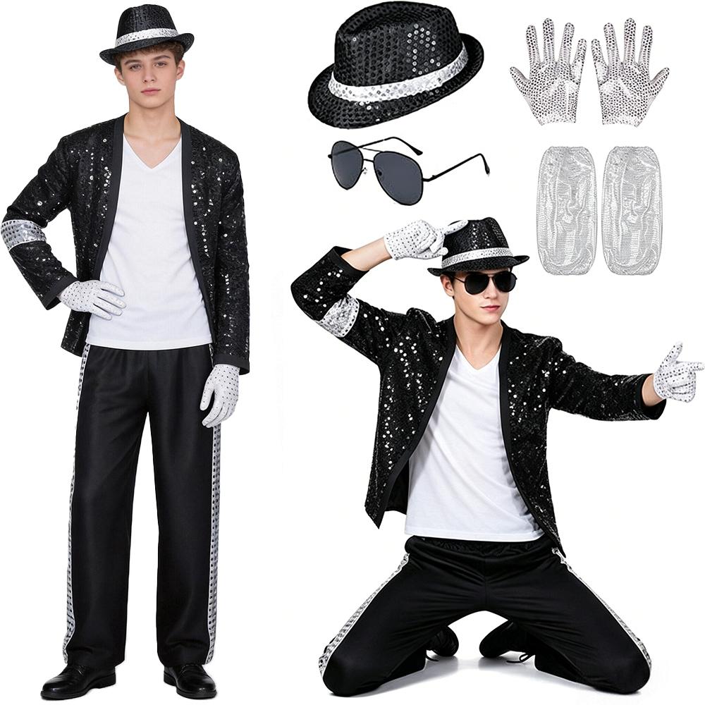 Michael Jackson Cosplay Herren 80er Retro Pailletten Tanz MJ Kostüme Performance Outfit Mit Hut Sonnenbrille Und Handschuhen Für Halloween