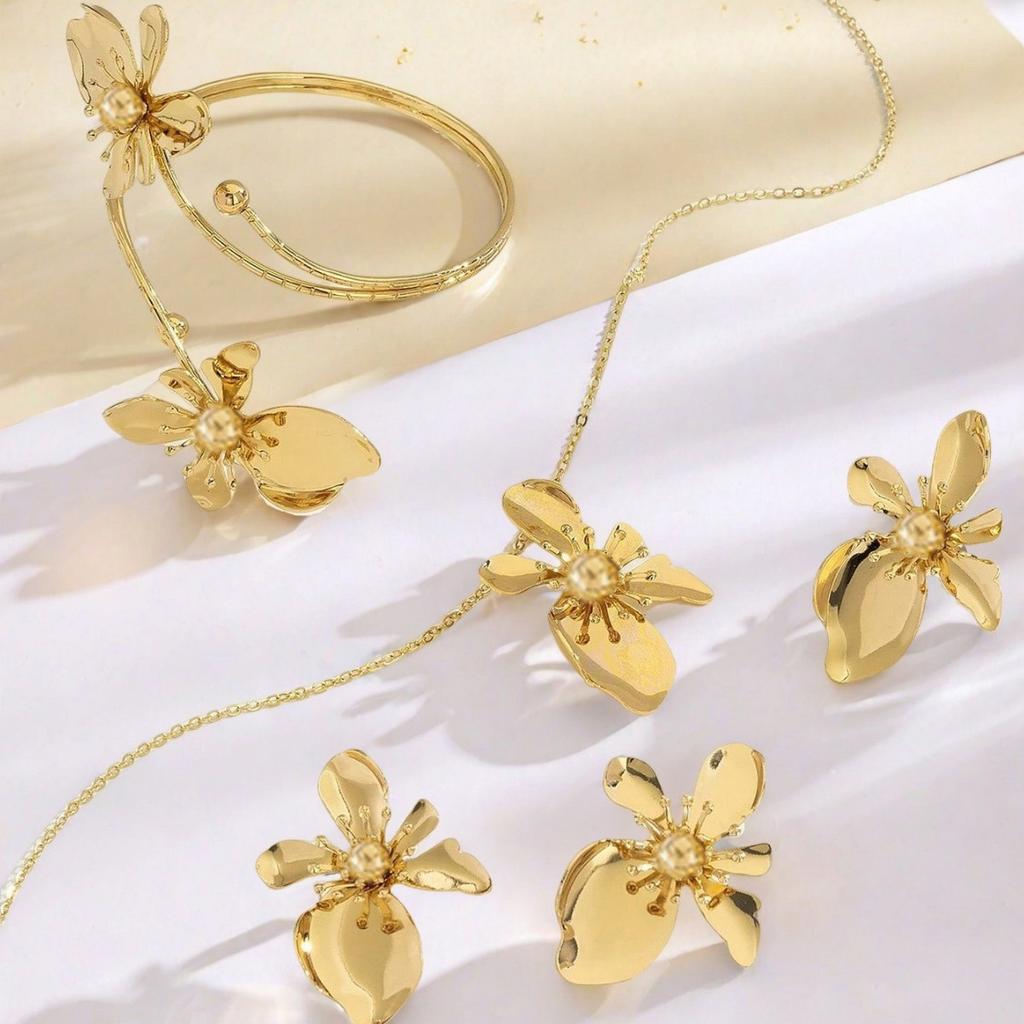 1 set of elegant retro flower bracelet ring stud earrings necklace set niche temperament women's jewelry