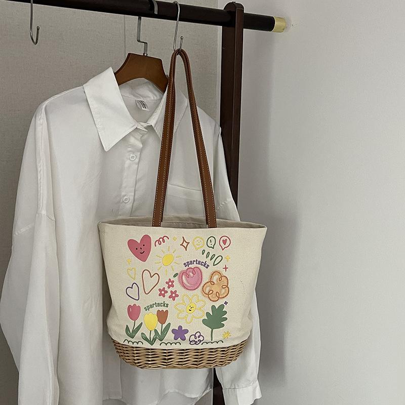 

Canvas woven printed shoulder bag, new cute tote bag, portable large-capacity canvas beach bag
