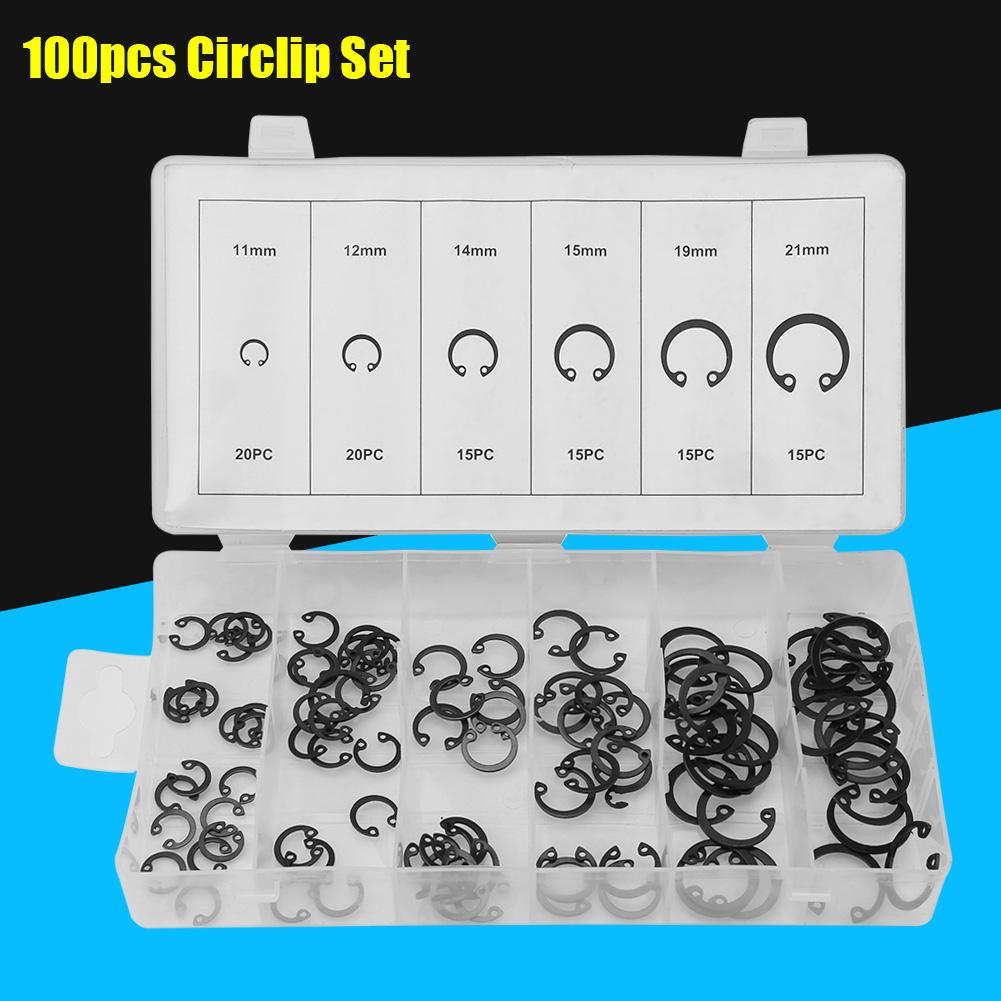 100pcs Black C Clips Snap Circlip Clip Shop Assortment Internal External Lock Retaining Kit for Industrial Fasteners 11mm - 21mm 6 Sizes with Box