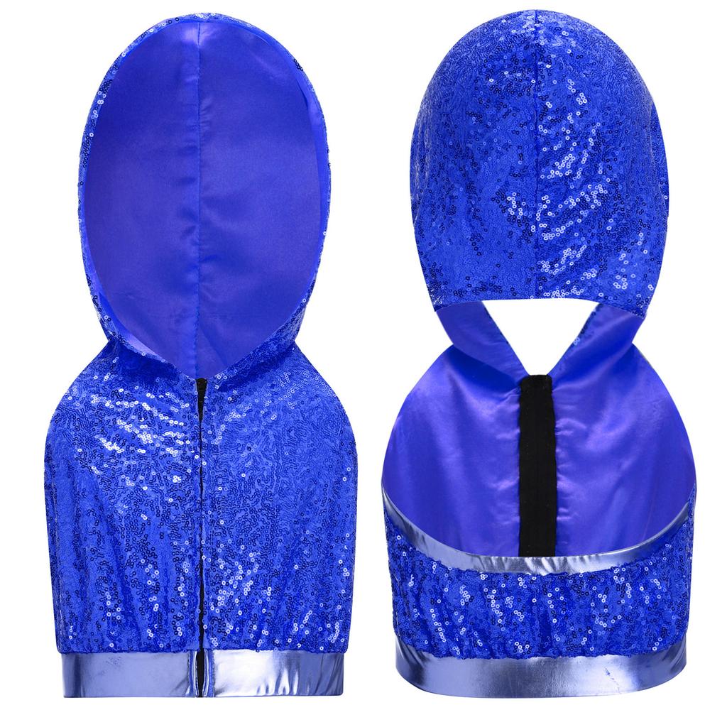 Sparkling Sequins Hip-Hop Jazz Top: Sleeveless Backless Hooded Crop Top with Front Zipper for Stage Dance Costume