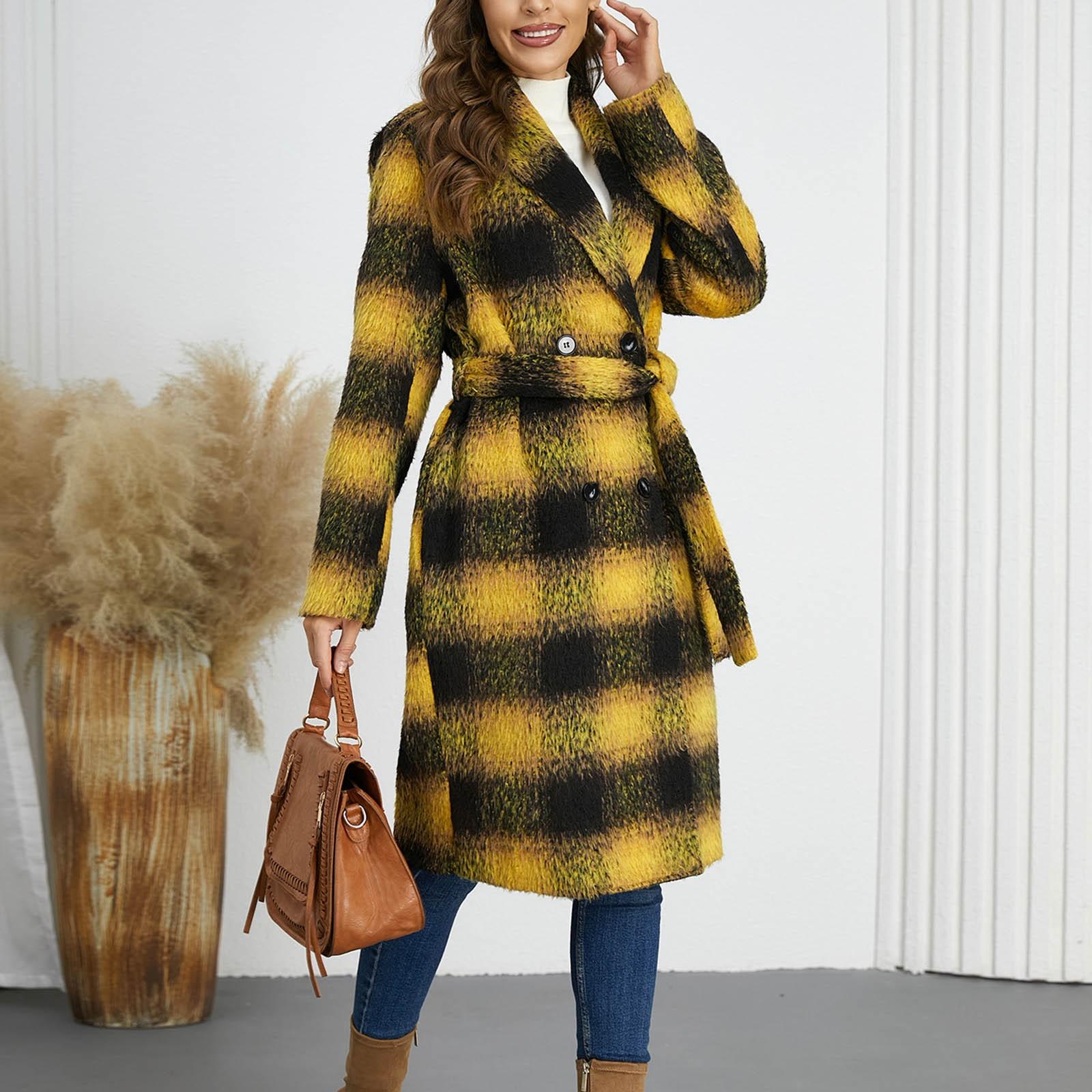 

Жіночий вовняний двобортний піджак із V-подібним вирізом у клітку середньої довжини XL жовтий