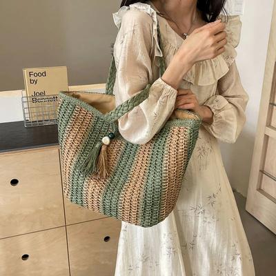 Casual Stripes Straw Braid Shoulder Bags Tassel Zipper  Large Capacity Grace Summer Tote Bags for Women  Versatile
