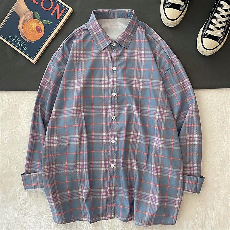 Retro rutig långärmad skjorta för kvinnor - Lös passform, Större storlekar, Koreansk stil Vårjacka