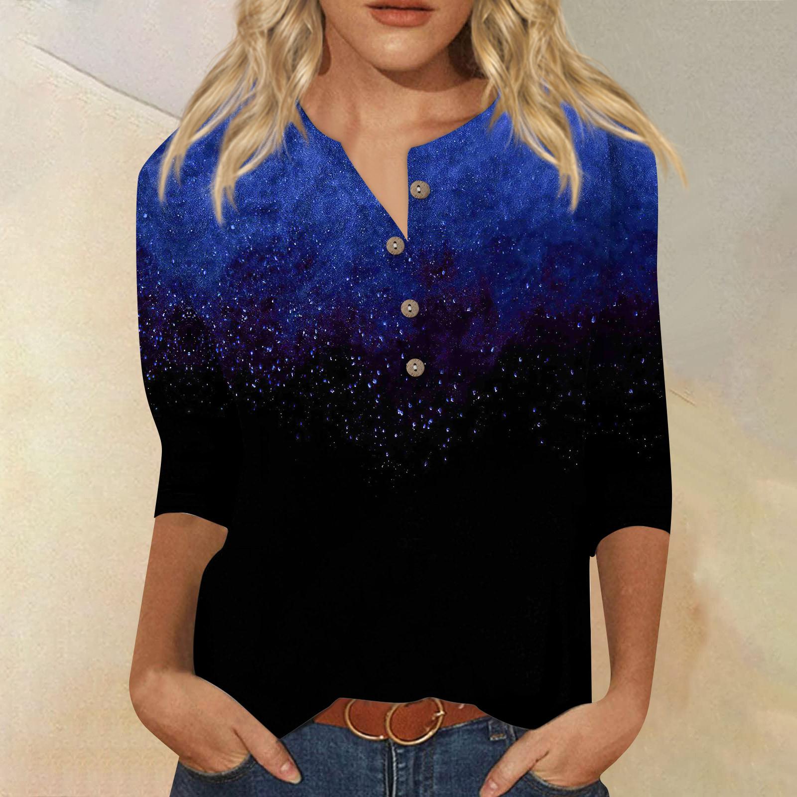 

Рубашки с рукавом 3/4 для женщин, милые футболки с цветочным принтом и графическим принтом, блузки, повседневные базовые топы больших размеров, пуловеры L темно-синий