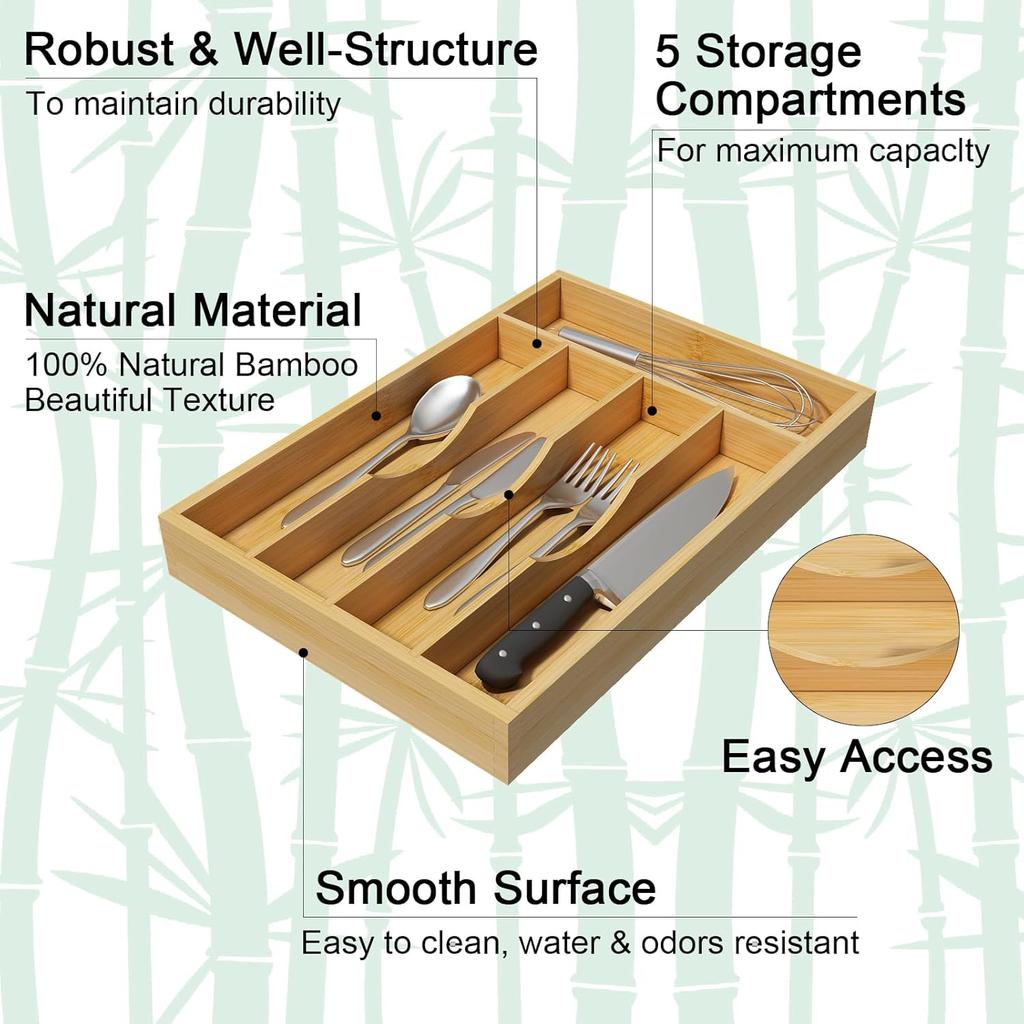 Bamboo Utensil Organizer for Kitchen Drawers, Utensil Tray and Cutlery Silverware Holder,Wood Drawer Dividers with 5 Slots