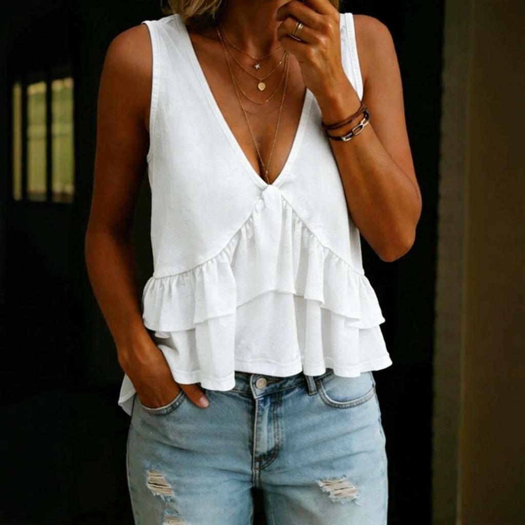 Women's Summer Deep V-Neck Ruffle Tiered Sleeveless Tank Top Casual Summer Blouse