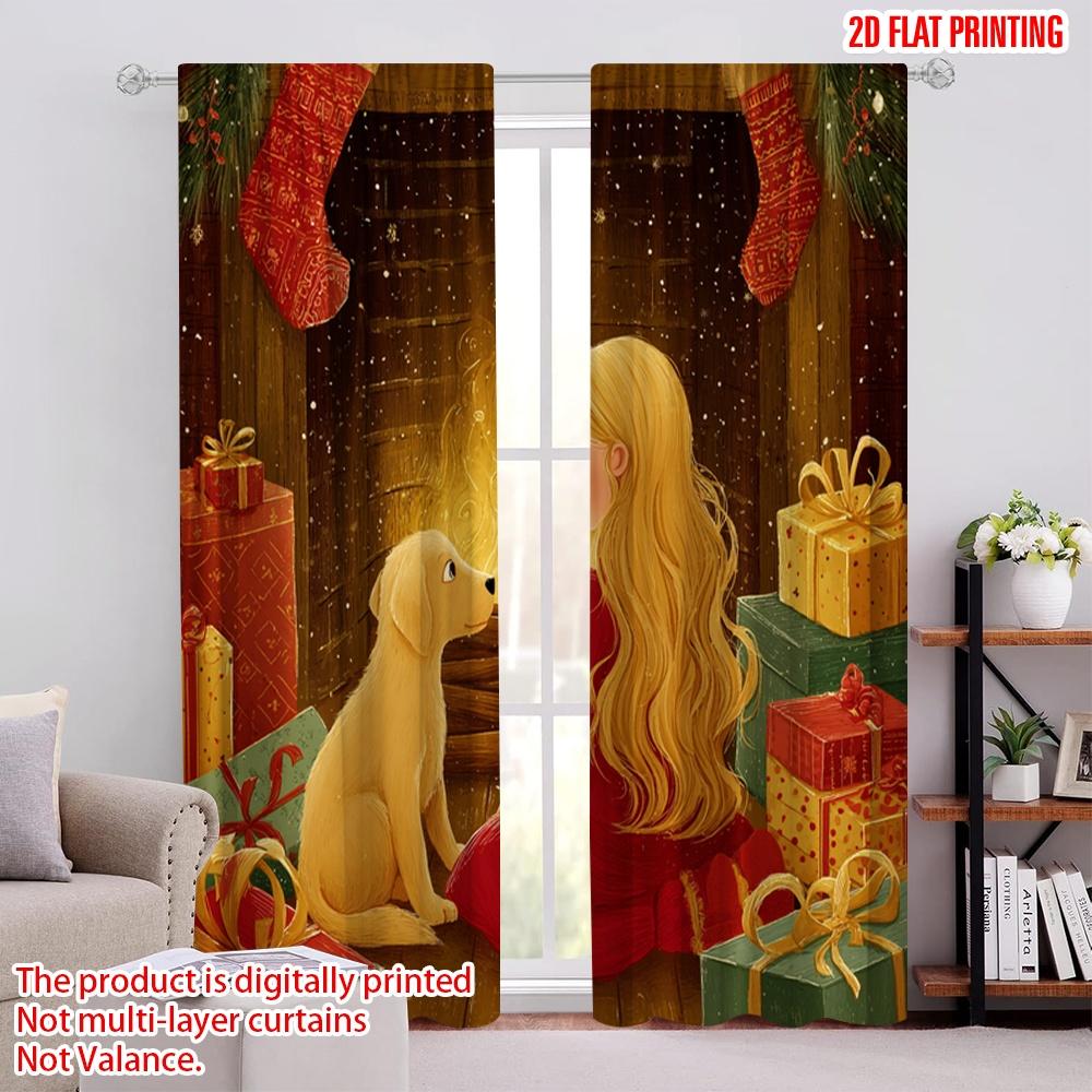 

2pcs,2D plane printing Creative Curtains Cozy Fireplace Scene with in Red & Dog Polyester Fabric (without rod) Art Deco Festive 52.50 × 116.00 cm 2 pcs