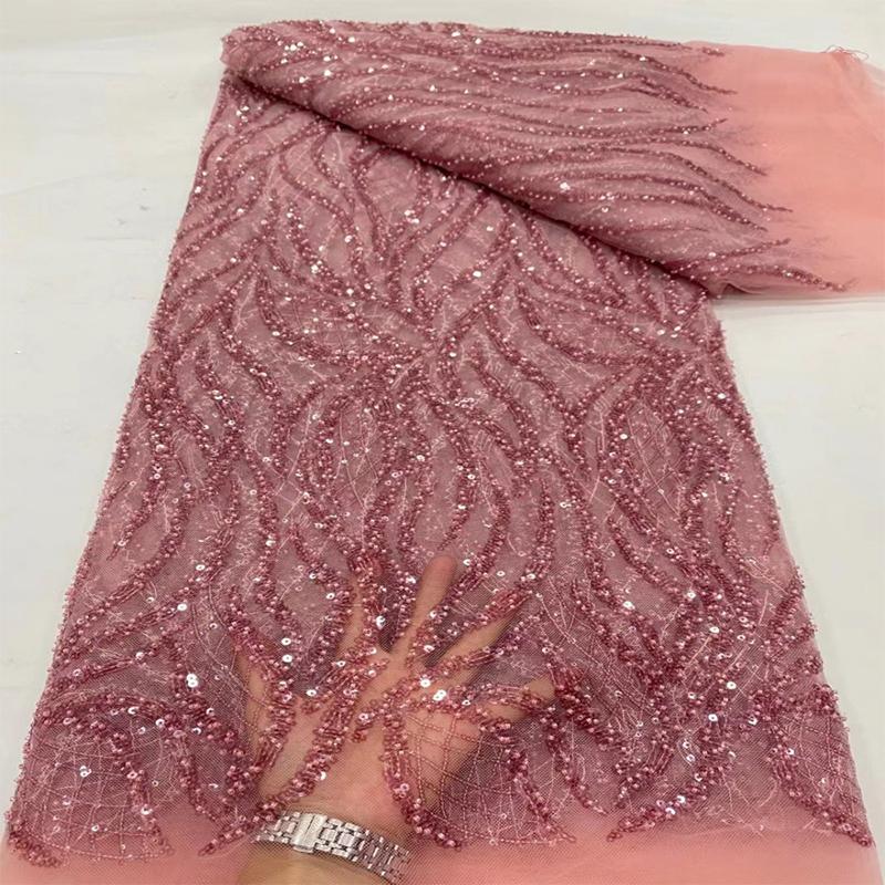 Lyxig Afrikansk Pärlbroderad med Paljetter Spets Tyg Hög Kvalitet Brudgum Nigeriansk Bröllopsklänning Brudbroderi Fransk Tyll Sömnad