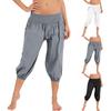 Women Elastic High Waist 3/4 Pant Casual Fit Wide Capris Leg Pants Trousers With Pockets
