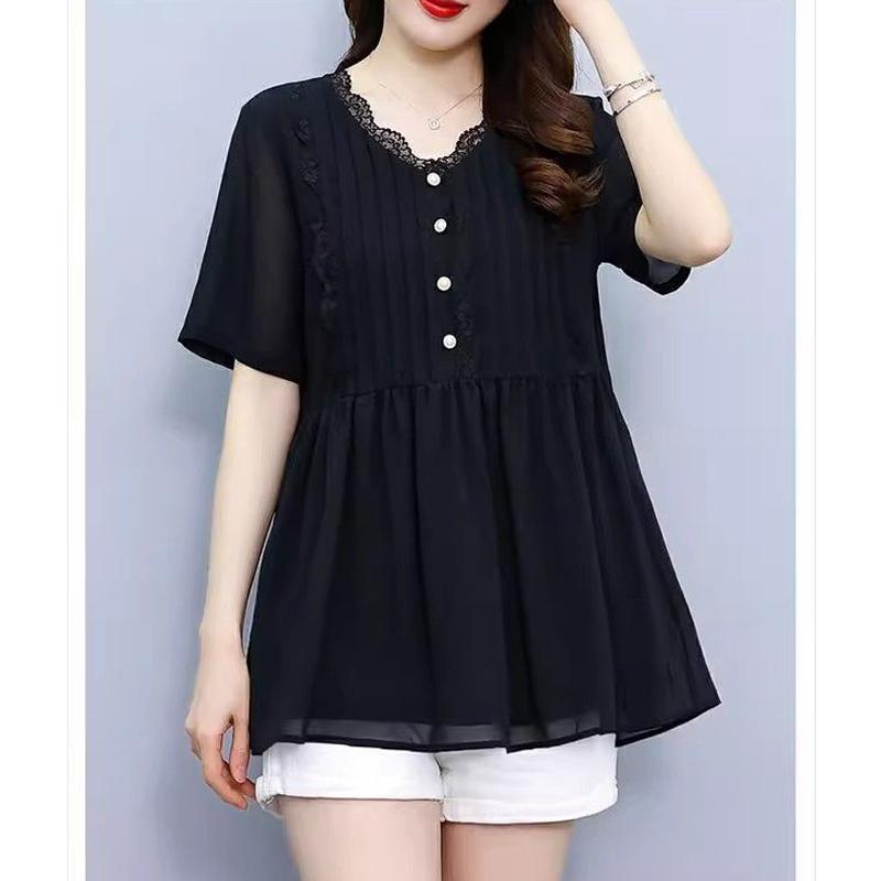 Women Stylish Ruffled Lace Patchwork Elegant Shirt Summer V Neck Short Sleeve Chiffon Blouse Black Loose Chic Tops Casual Blusas
