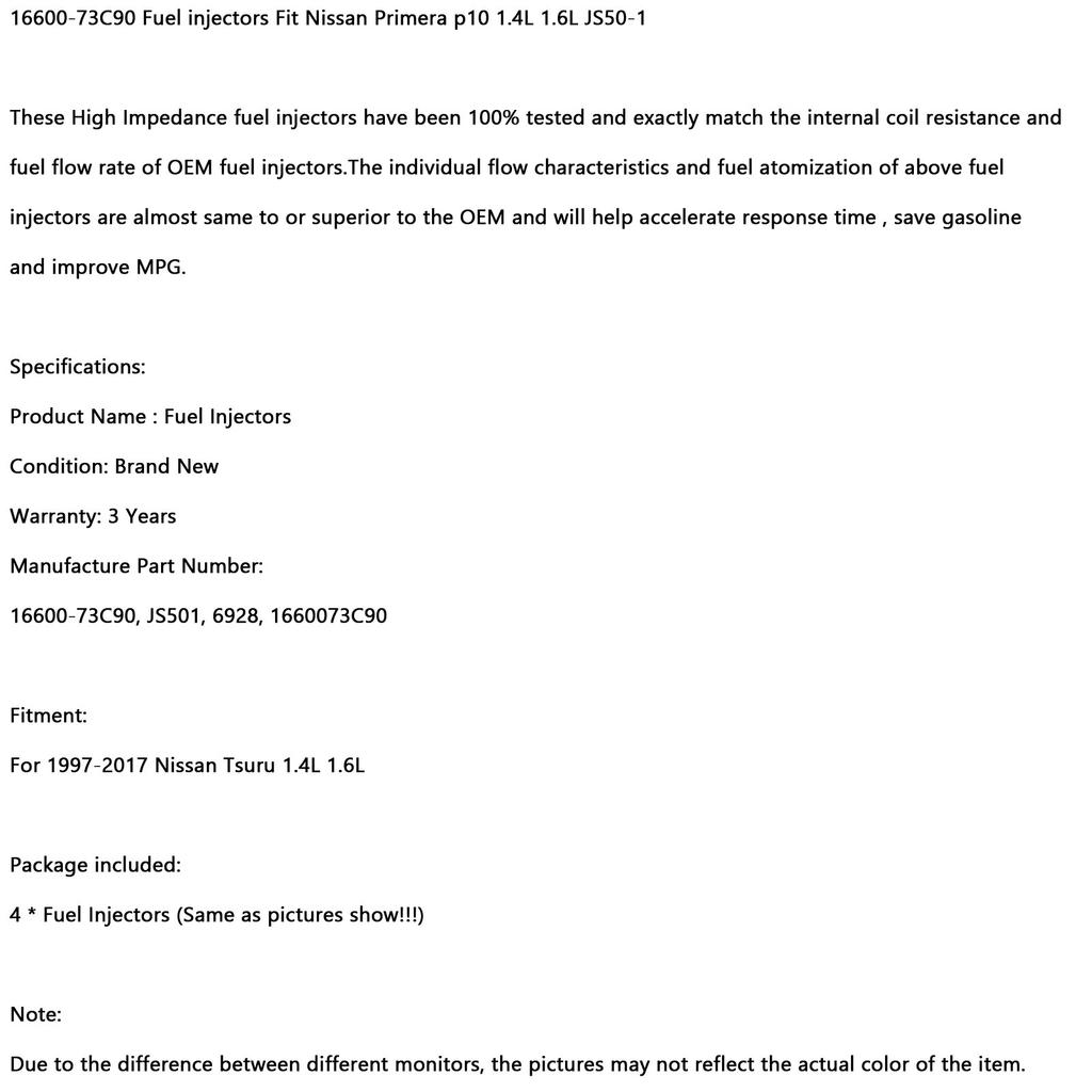 4pcs 16600-73C90 Fuel Injectors Fit for Nissan Primera P10 1.4L 1.6L JS50-1