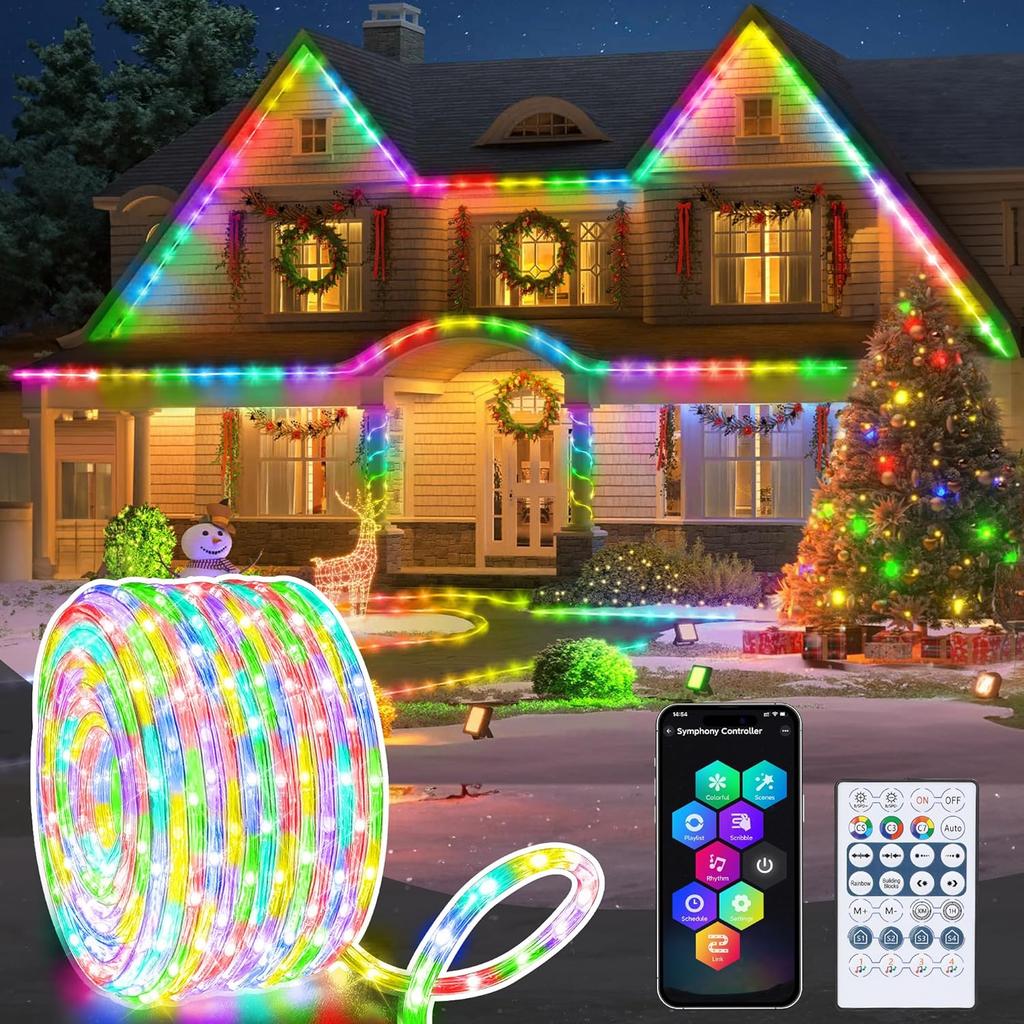 RGB Color Changing Rope Lights Outdoor, 33ft 100LED Smart Christmas Lights Remote & APP Control, Waterproof Music Sync Indoor String Lights - DIY