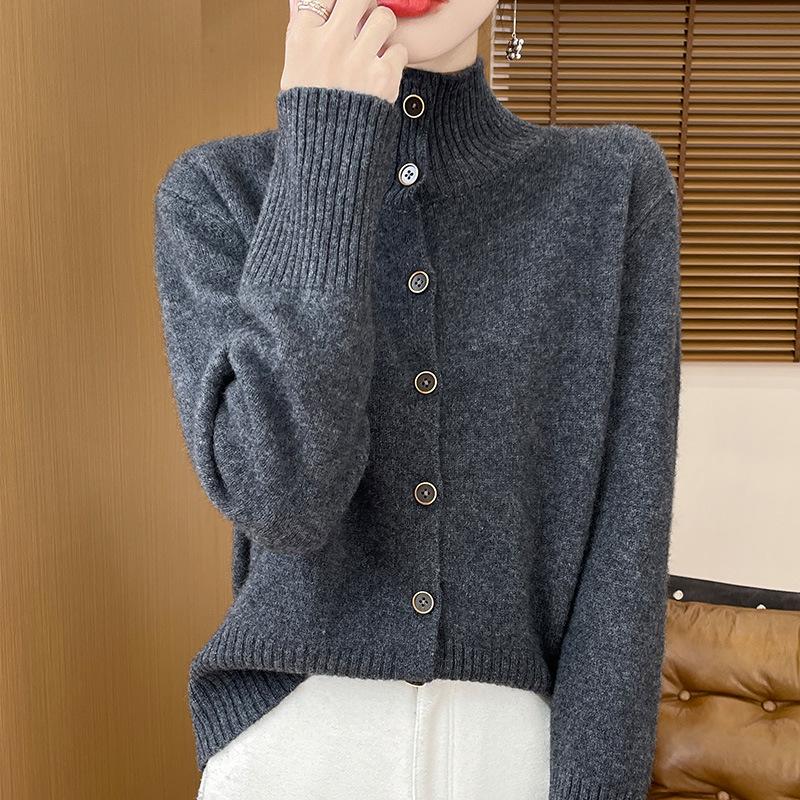 High-End Women's Stand-Up Collar Wool Cardigan Coat - Autumn/Winter Casual Knit Sweater.