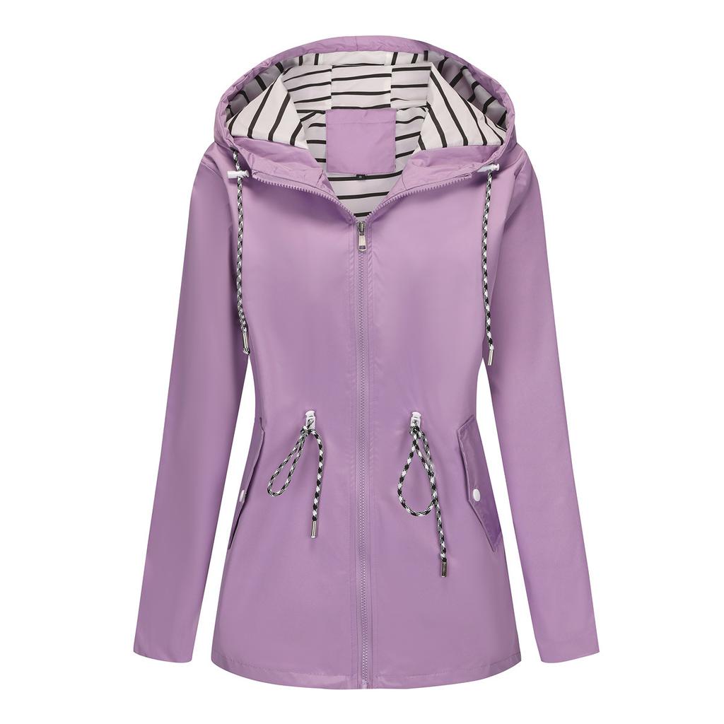 Women's Long Sleeve Hooded Jacket Drawstring Loose Fit Casual Windbreaker Raincoat Outerwear